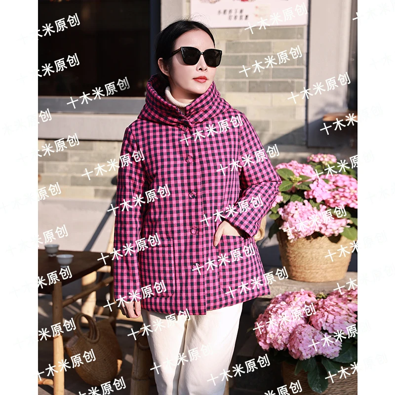 蝴蝶兰/十木米原创冬新款全棉色织格子文艺百搭连帽棉服短外套女