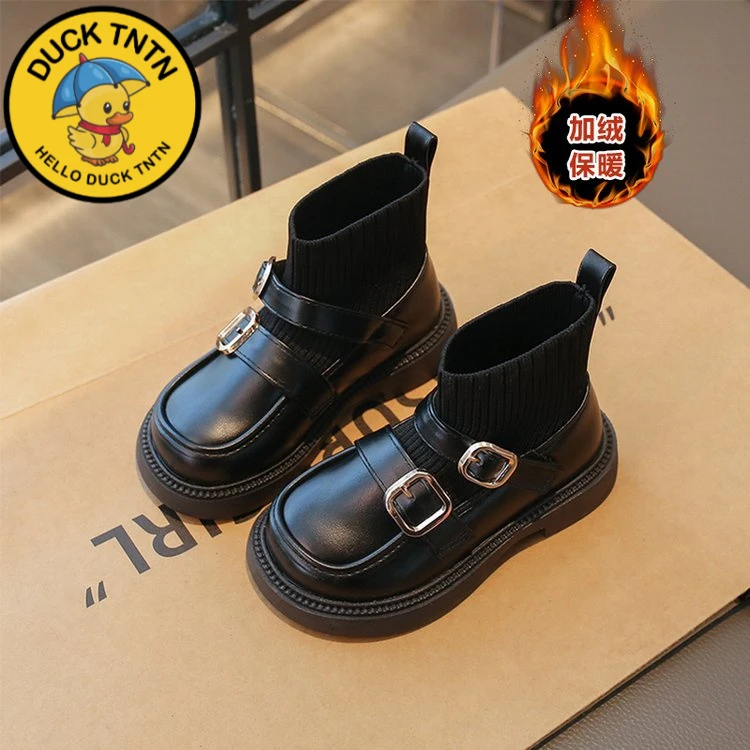 小黄鸭女童鞋子儿童马丁短靴子2025秋冬季皮靴袜靴女孩加绒极简洋