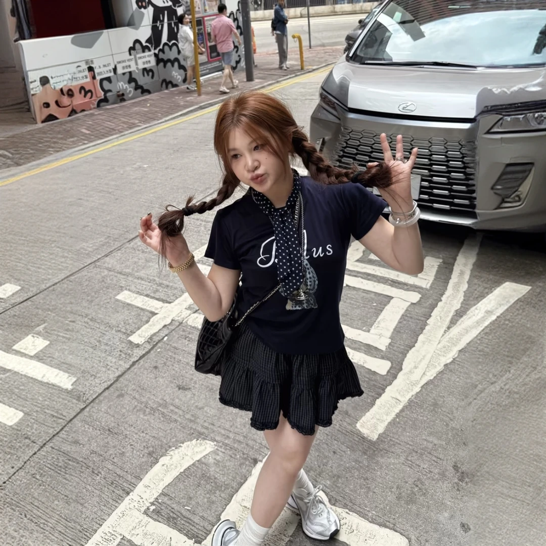 洋气时髦趣味卡通小狗印花短袖上衣夏季新款慵懒百搭宽松半身裙