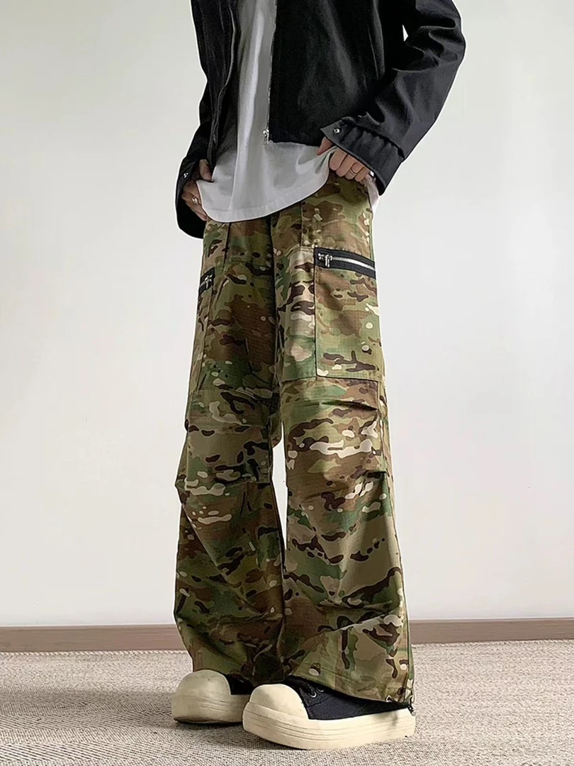 美式工装迷彩裤男款春秋潮牌欧美高街vibe裤子复古直筒阔腿伞兵裤