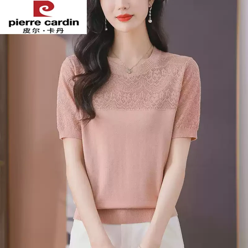 皮尔卡丹夏季薄款短袖t恤女新款妈妈装时尚镂空网纱T恤上衣冰丝针