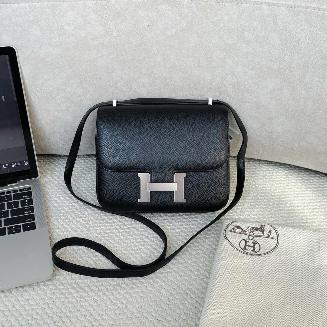 99新 Hermes/爱马仕 黑银康康19epsom尘袋D刻中检 BJM12-2377
