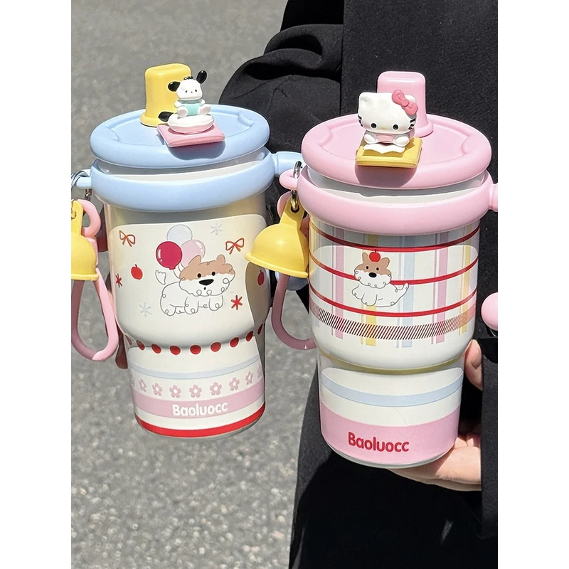 高颜值女生保温杯吸管水杯陶瓷内胆桌面杯双饮杯保冷咖啡杯Kitty