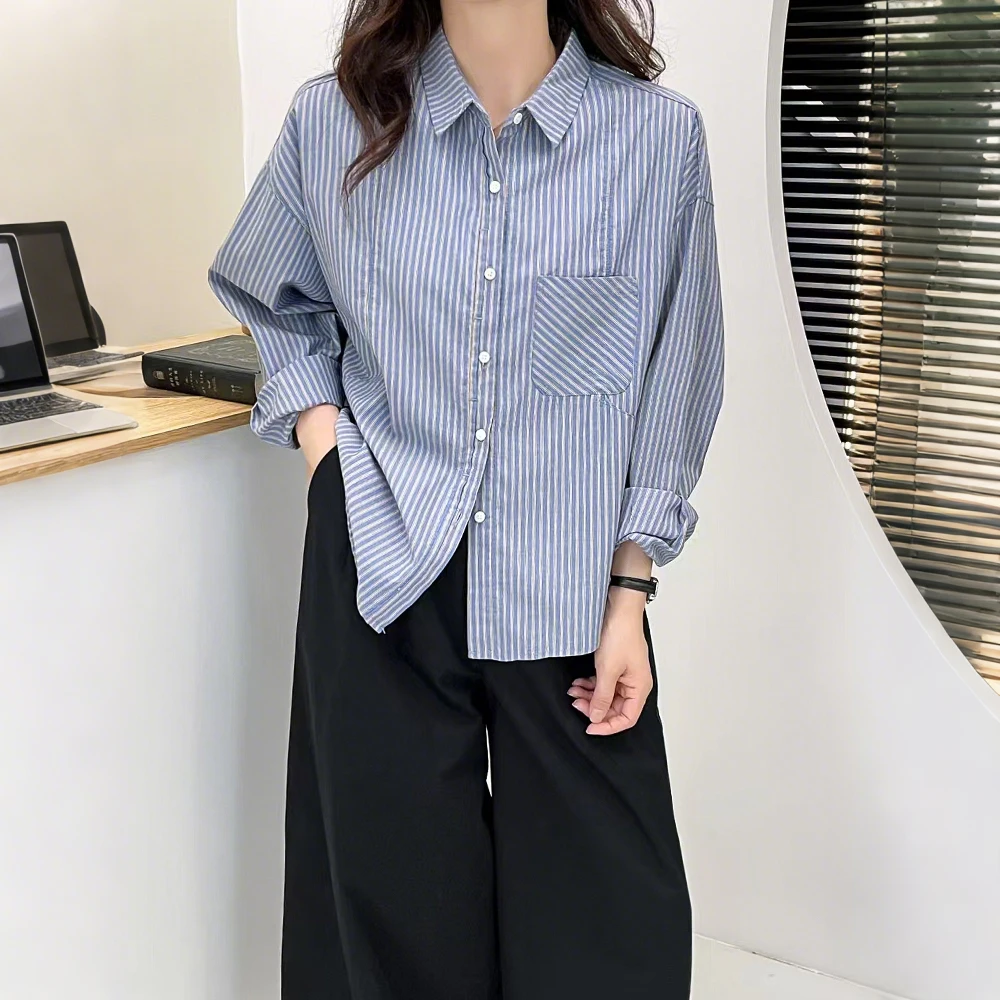 法式设计感竖条纹长袖衬衫女早秋新款polo领单口袋叠穿小个子衬衣