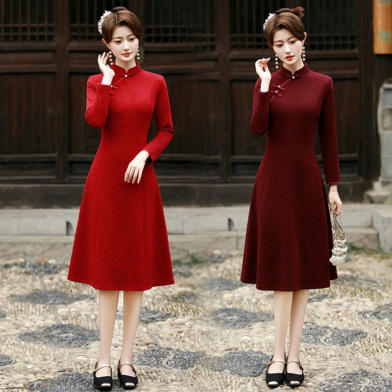 新中式秋季新款改良旗袍连衣裙喜婆婆妈妈婚宴礼服中长款长袖红色