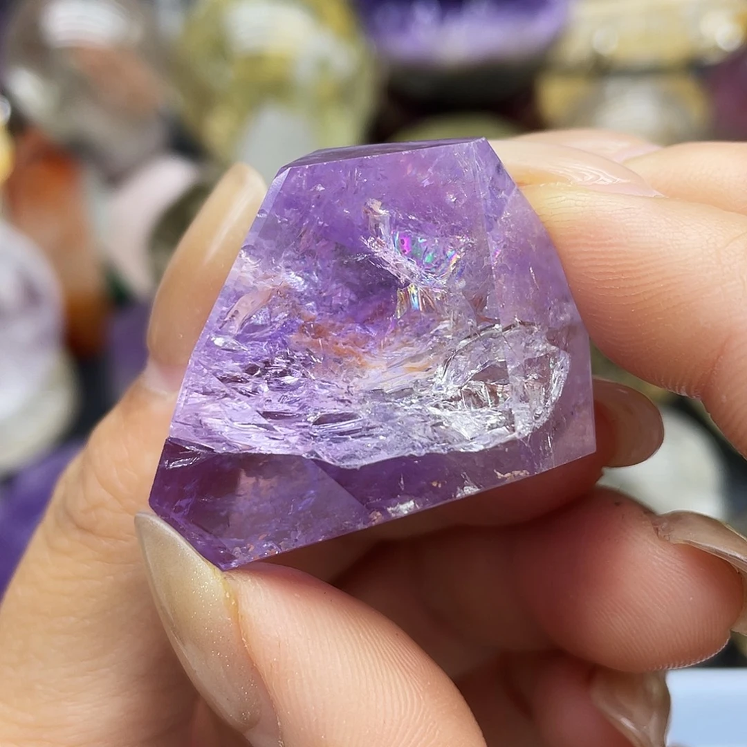 珠宝半成品水晶未镶嵌50紫水晶随形摆件带彩虹