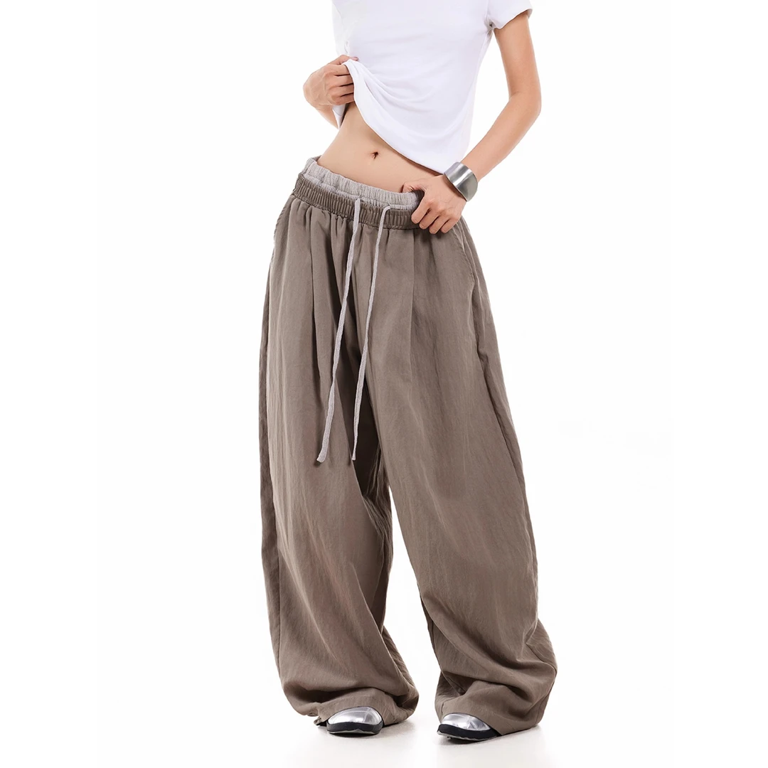 美式复古双腰头拼接设计休闲裤慵懒感宽松直筒阔腿垂