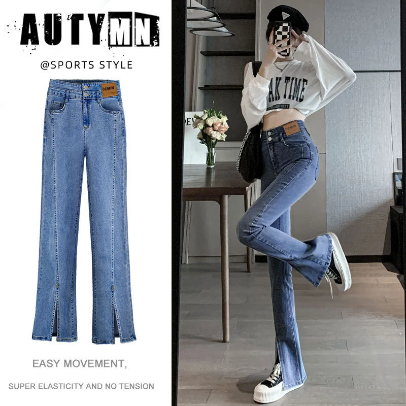 爆款女款弹力宽松子女年新款薄款季直筒牛仔裤小个子阔腿开衩微
