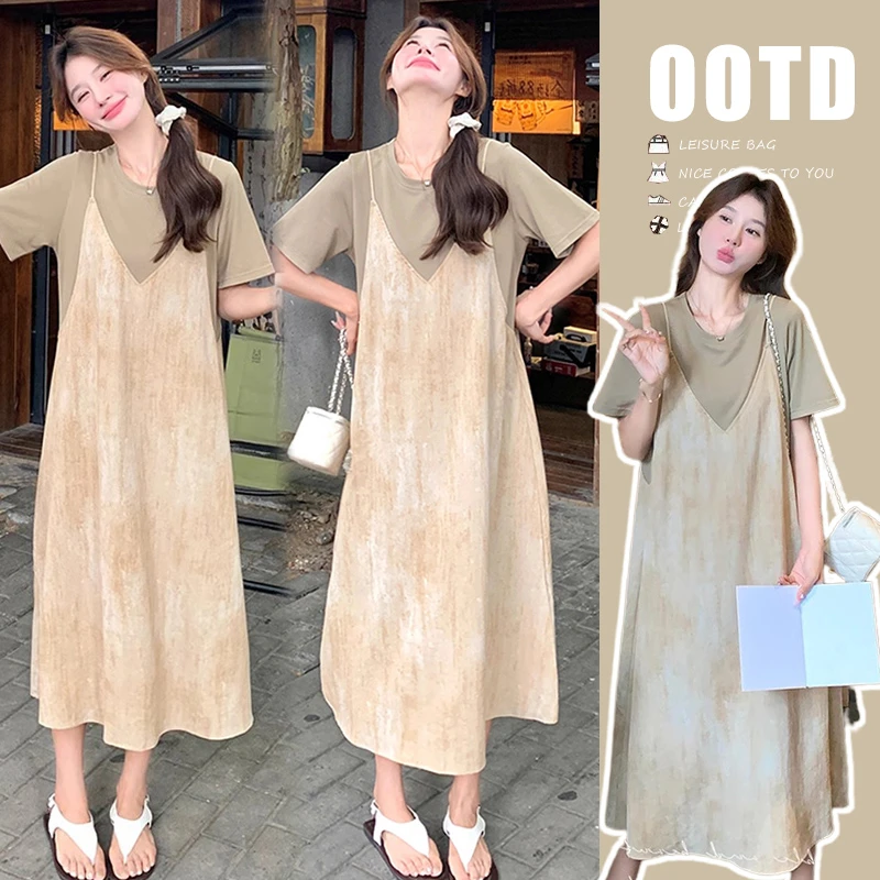 孕妇夏季连衣裙2025新款时尚法式宽松假两件拼接长裙夏款孕妇裙子