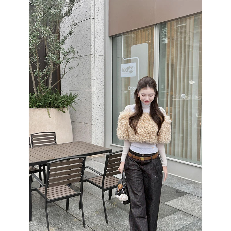 2025韩系设计感长袖打底衫休闲百搭短款一字肩上衣高腰直筒裤套装