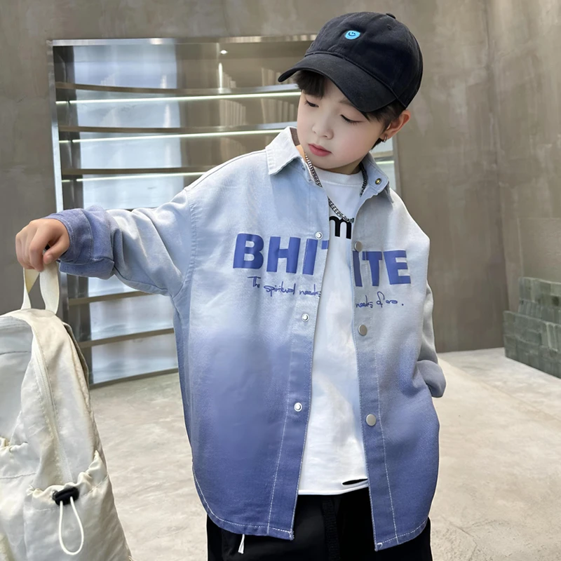 男童渐变外套春秋款2025新款儿童春装衬衫中大童衬衣薄款痞帅