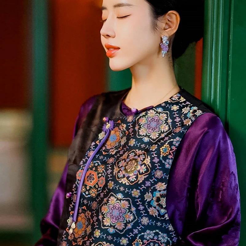 复古日记5重纬紫金宝相花可双面穿中式琵琶襟织金提花缎国风马夹
