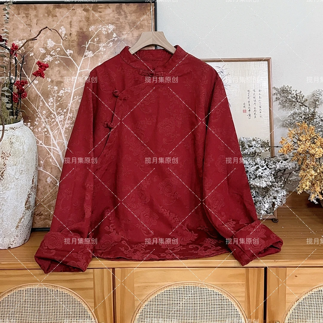 新中式国风设计款立领盘扣斜襟提花女士衬衫上衣禅意茶服套头小衫
