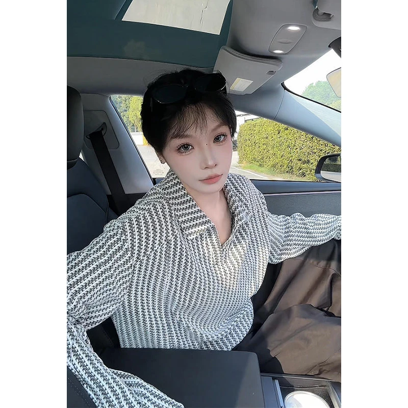 鱼骨纹V领POLO卫衣男女同款秋季美式重磅慵懒风条纹长袖t恤打底衫