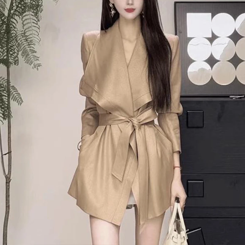 韩系绑带西装外套女2024秋季气场强大新款风衣宽松显瘦长袖西服潮