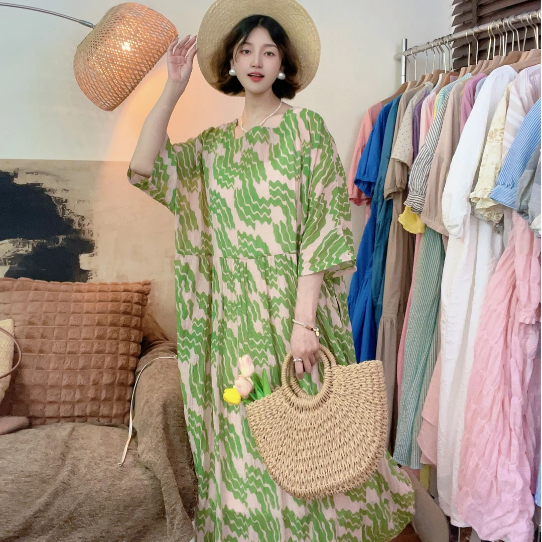 【喜柚自制】枫糖奶油 文艺几何印花宽松七分袖连衣裙2
