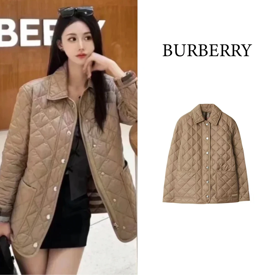 全新未使用 BURBERRY/博柏利 女士短款菱格棉服 桦木棕格纹内里