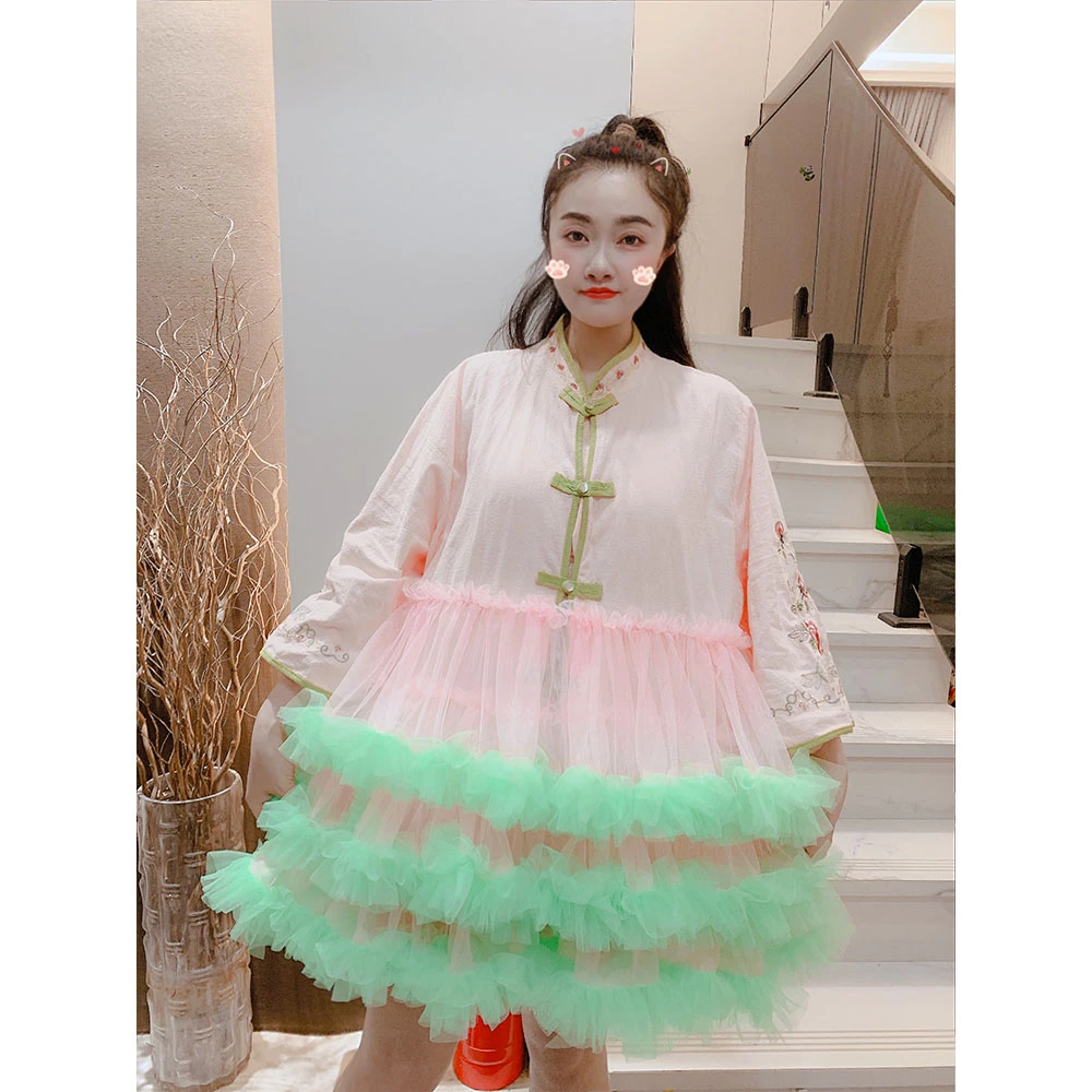 设计师定制国风盘扣刺绣拼接云朵网纱连衣裙女