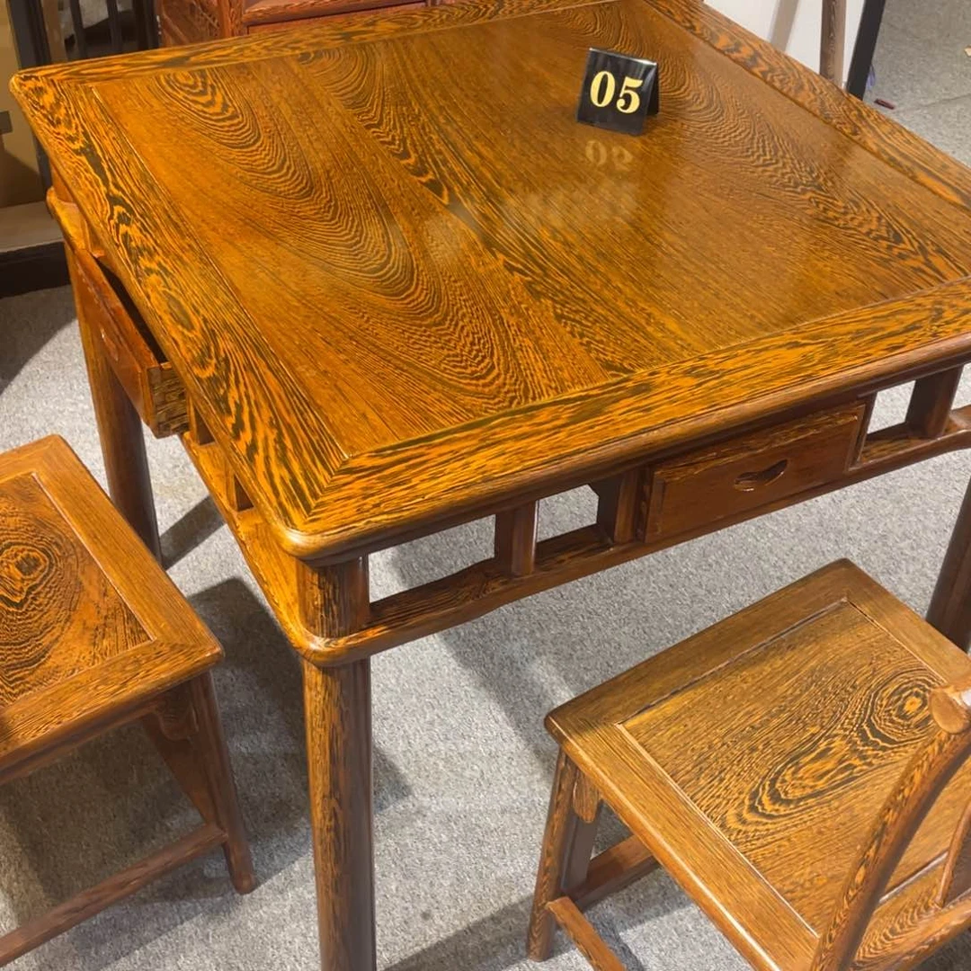 鸡翅木类成套家具一**行90方桌还件05样品带玻璃