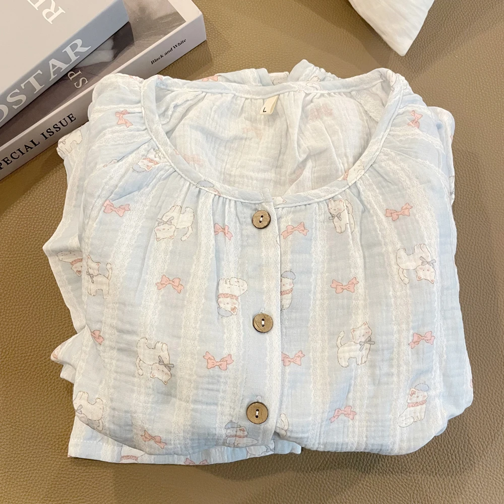 双层纯棉纱布睡衣女夏季新款短袖日系可爱猫咪夏天100%全棉家居服