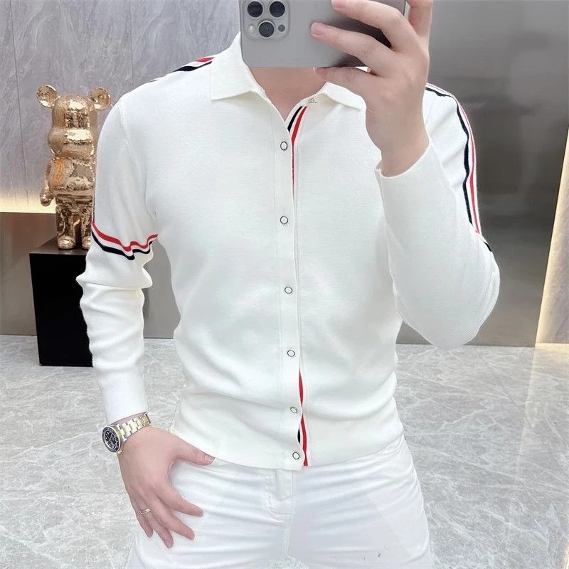 春秋季高端个性条纹针织衫潮流潮牌轻奢翻领简约百搭修身长袖毛衣