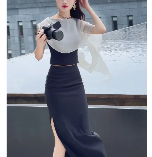 2025夏季套装轻奢时尚优雅晚礼服长款修身收腰赫本风FJ52111