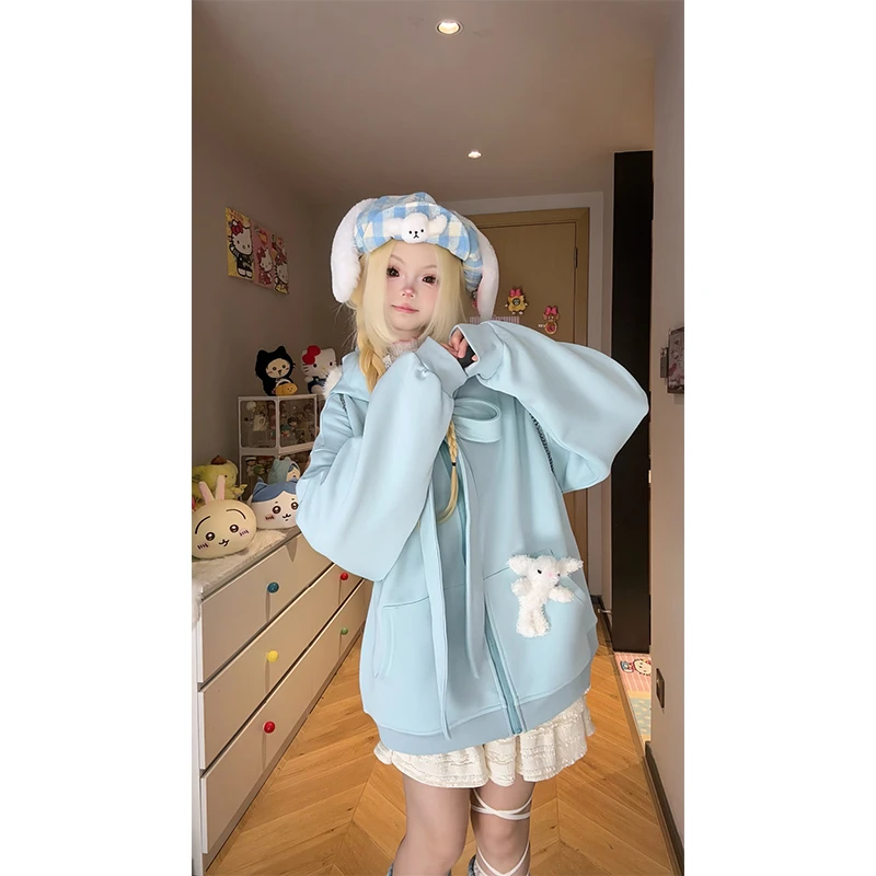 凛可爱 甜美可爱设计感连帽开衫外套春季新款宽松绑带休闲卫衣女