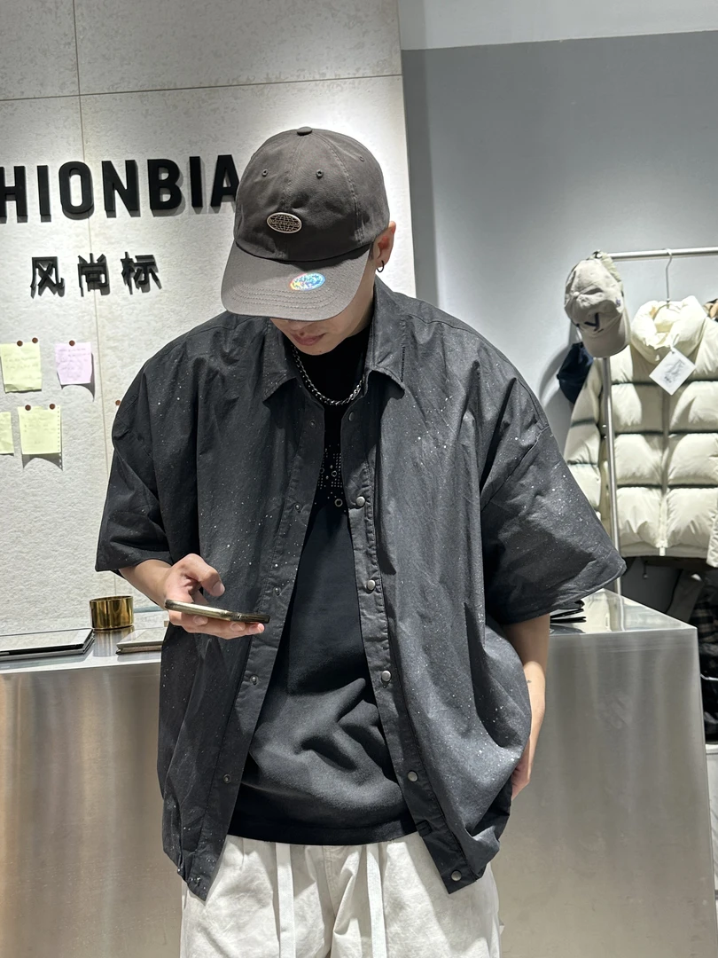 小众纯色翻领泼墨休闲衬衫短袖