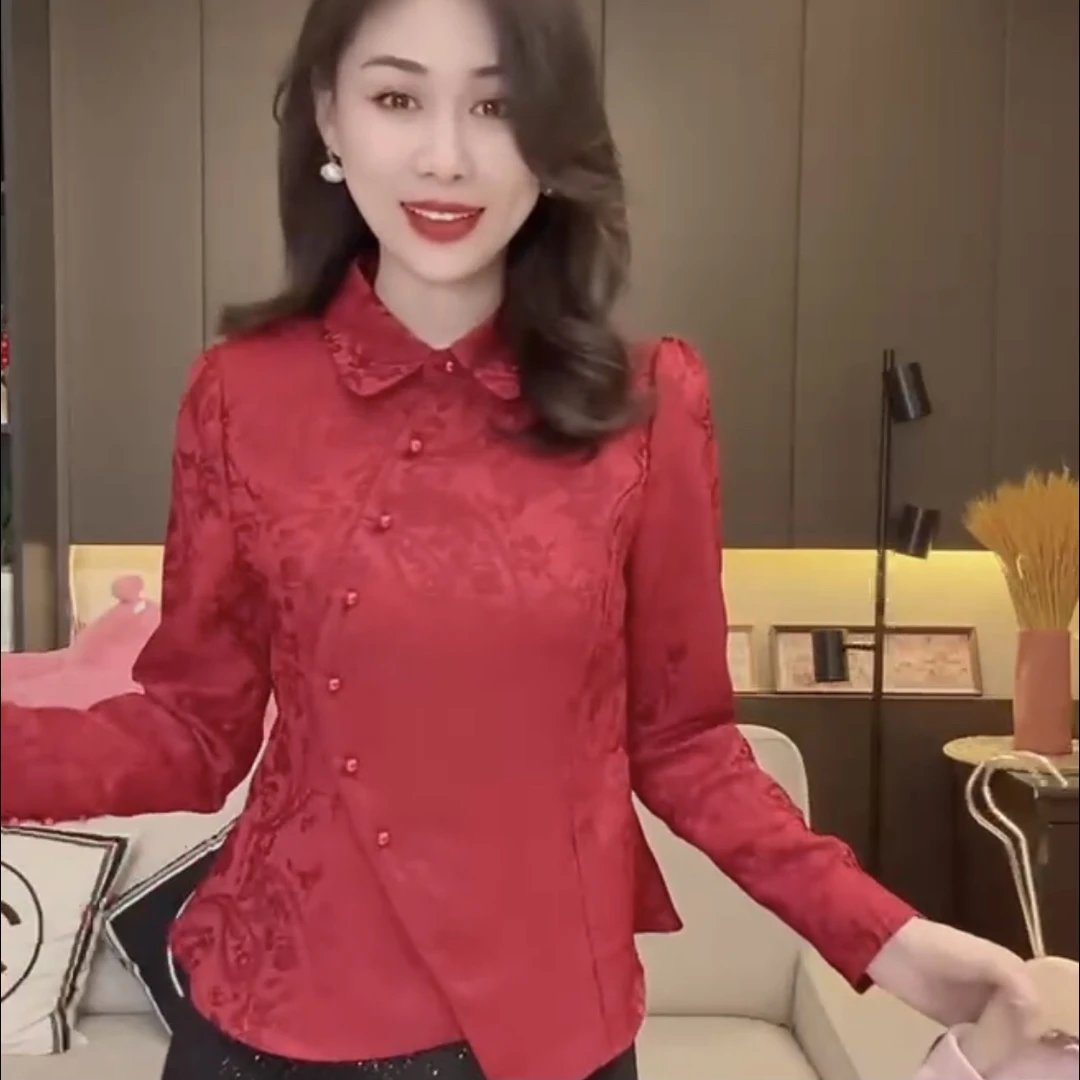 中式提花衬衫2025春季新款国风盘扣气质修身显瘦高级上衣衬衫新年