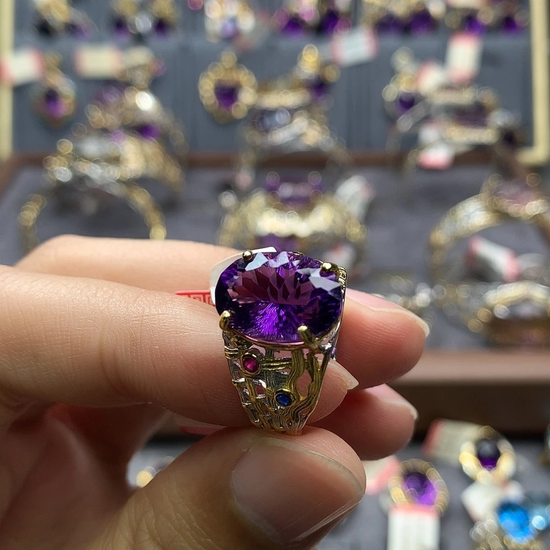 水晶戒指银S925镀金镶嵌