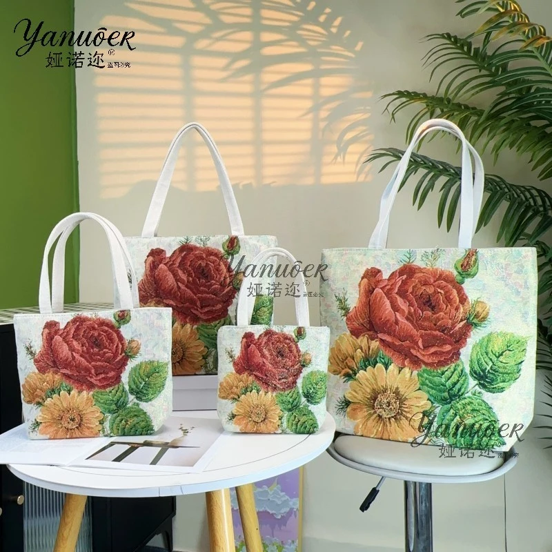 牡丹花帆布包双面金丝提花绣大容量可爱单肩包休闲百搭通勤包古风