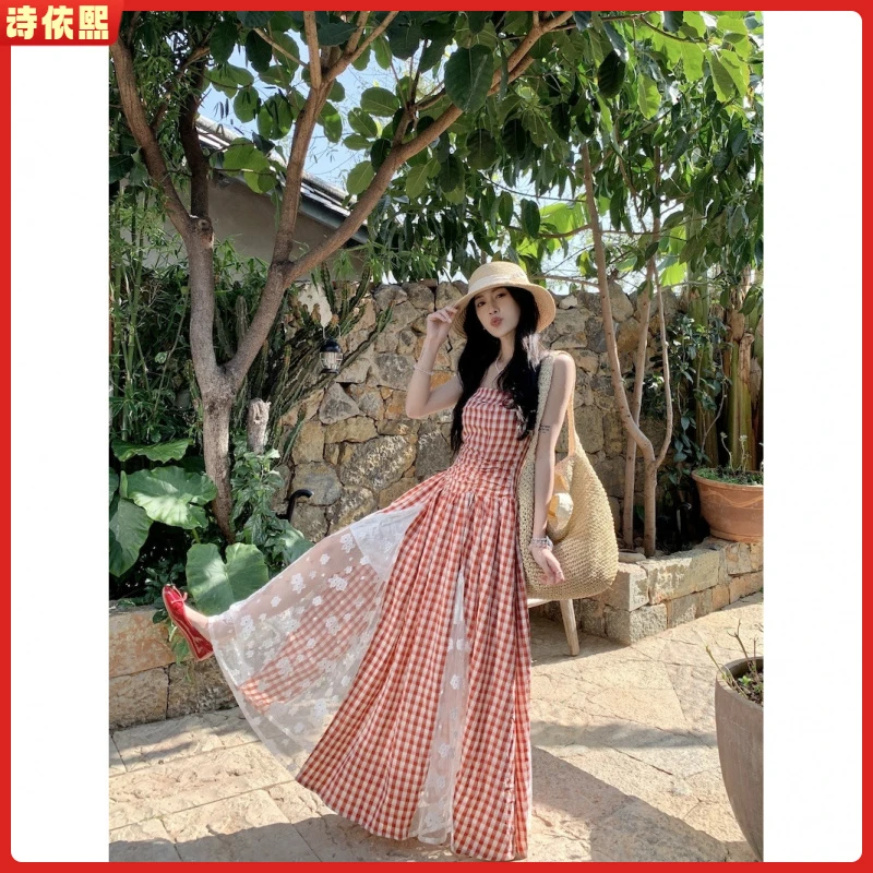 1度假风格子拼接抹胸连衣裙女2025年春季新款复古法式收腰l