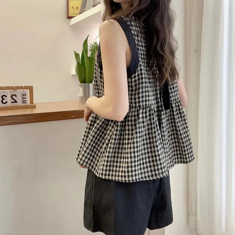 2025夏装新款时尚格子纯棉无袖衬衫甜美娃娃衫宽松百搭背心衬衣女