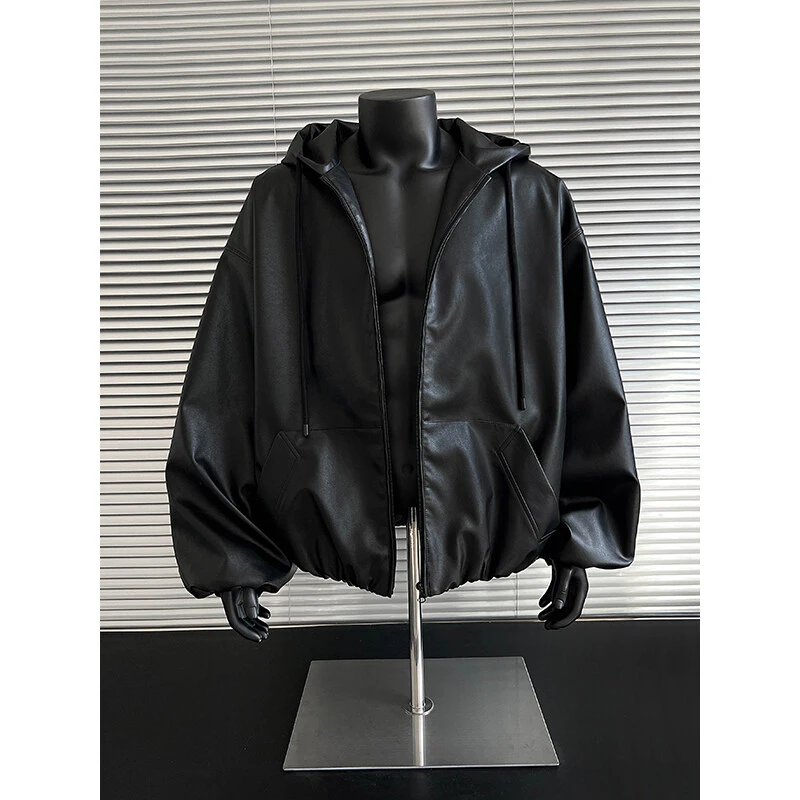 黑色PU皮衣外套男高级感痞帅春秋防风廓形夹克连帽短宽美式棒球服