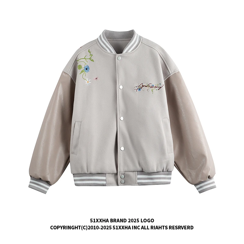 51嘻哈美式复古字母花卉刺绣棒球服夹克男女潮牌宽松休闲情侣外套