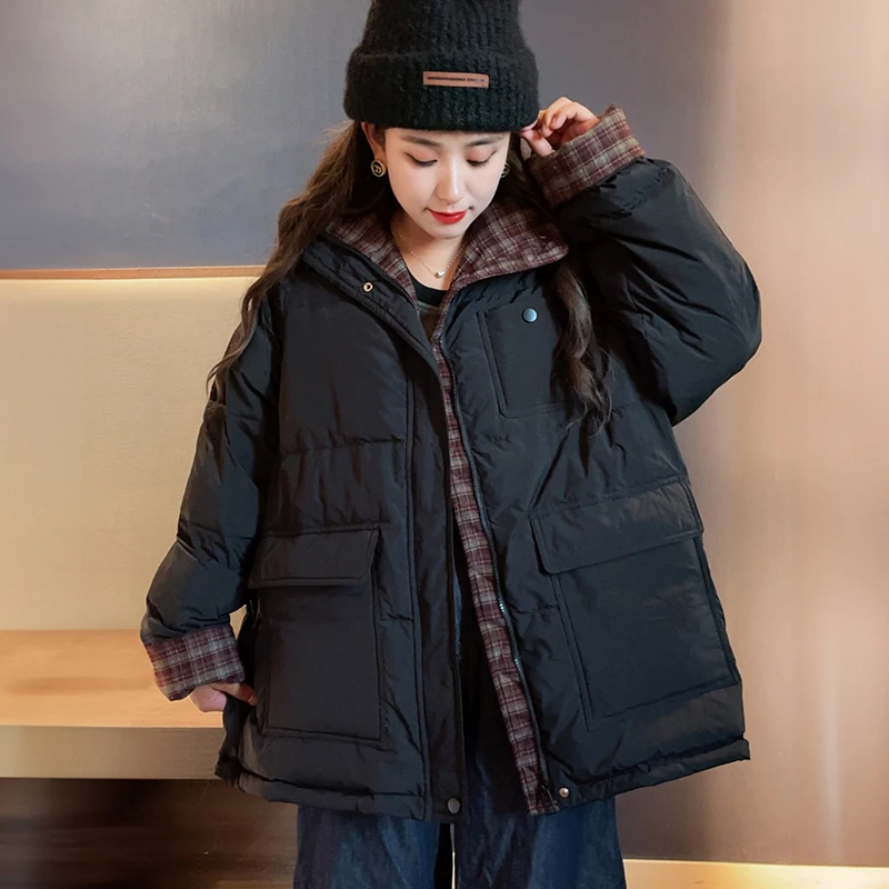 大码短款羽绒服200斤宽松撞色网红拼接显瘦百搭女立领鸭绒服新款