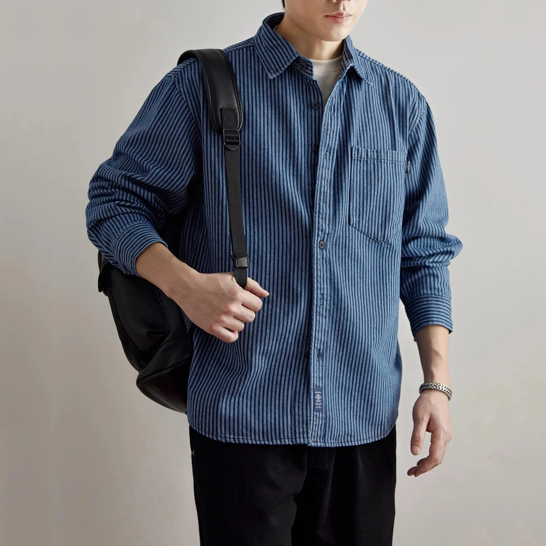 美式复古条纹衬衫男士秋季新款潮牌百搭宽松休闲上衣长袖衬衣外套