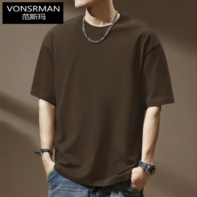 短袖t恤男生夏季休闲宽松百搭圆领潮流半袖体恤高端咖色上衣