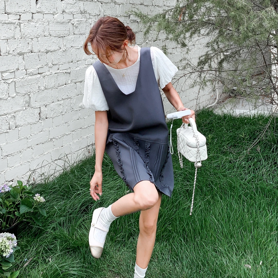 小个子背带裙套装女2025新款夏装搭配一整套泡泡袖连衣裙两件套裙