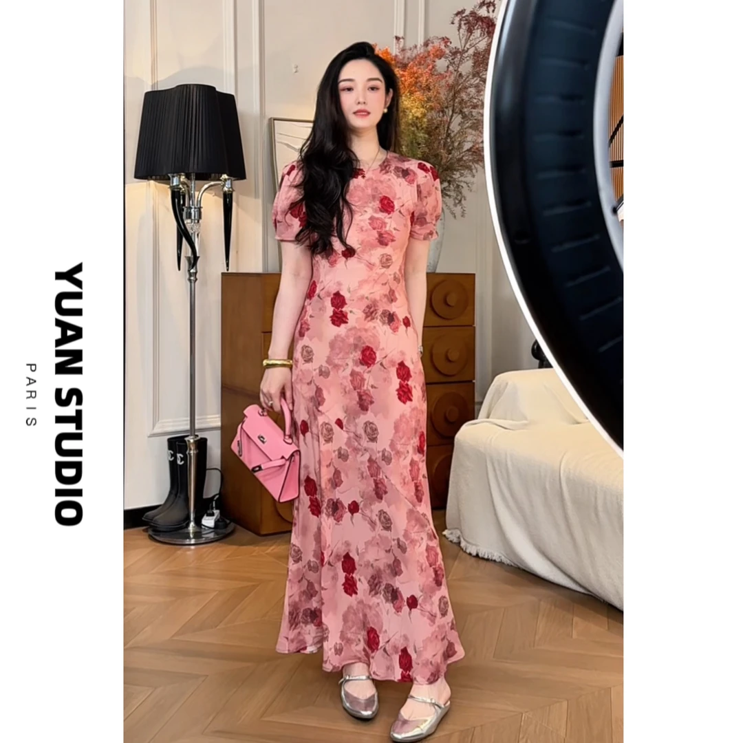 少量现！ 【瑰丽庄园】夏季法式玫瑰复古斜裁显瘦遮肉短袖优雅连衣裙