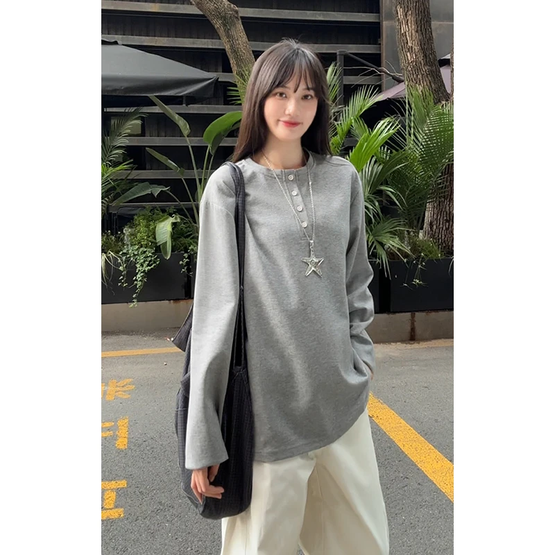 松弛感老钱风灰色亨利领长袖t恤男女秋季宽松慵懒风cleanfit上衣