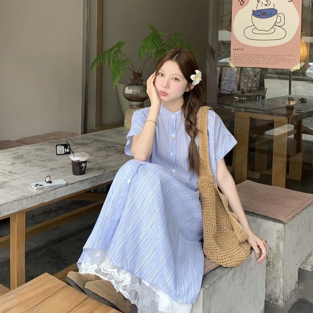 蓝色条纹短袖衬衫连衣裙女大码夏季新款韩系宽松中长款叠穿两件套