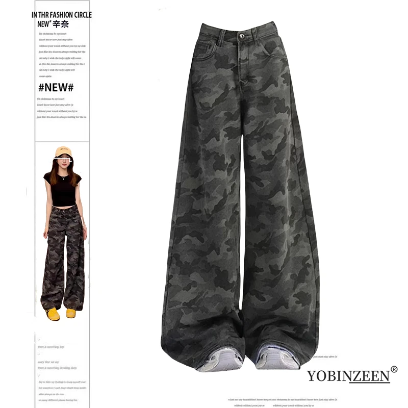 美式复古迷彩阔腿牛仔裤女2025春季新款高腰宽松显瘦直筒拖地裤子