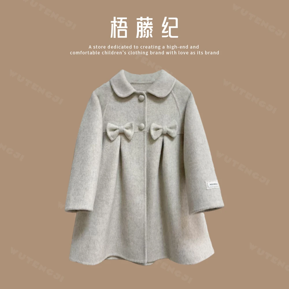 现货【蝶语】童装毛呢外套蝴蝶结装饰中长款甜美大衣25DR517