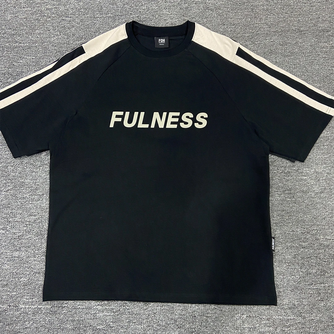 美式潮牌织带拼接字母印花圆领短袖T恤男夏季情侣宽松上衣