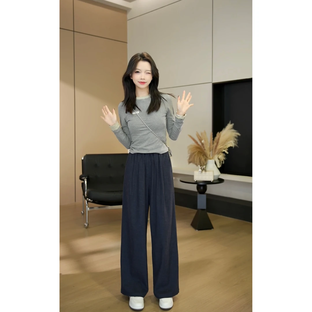 【现货】春季新款高腰显瘦直筒休闲松紧腰休闲裤-8169