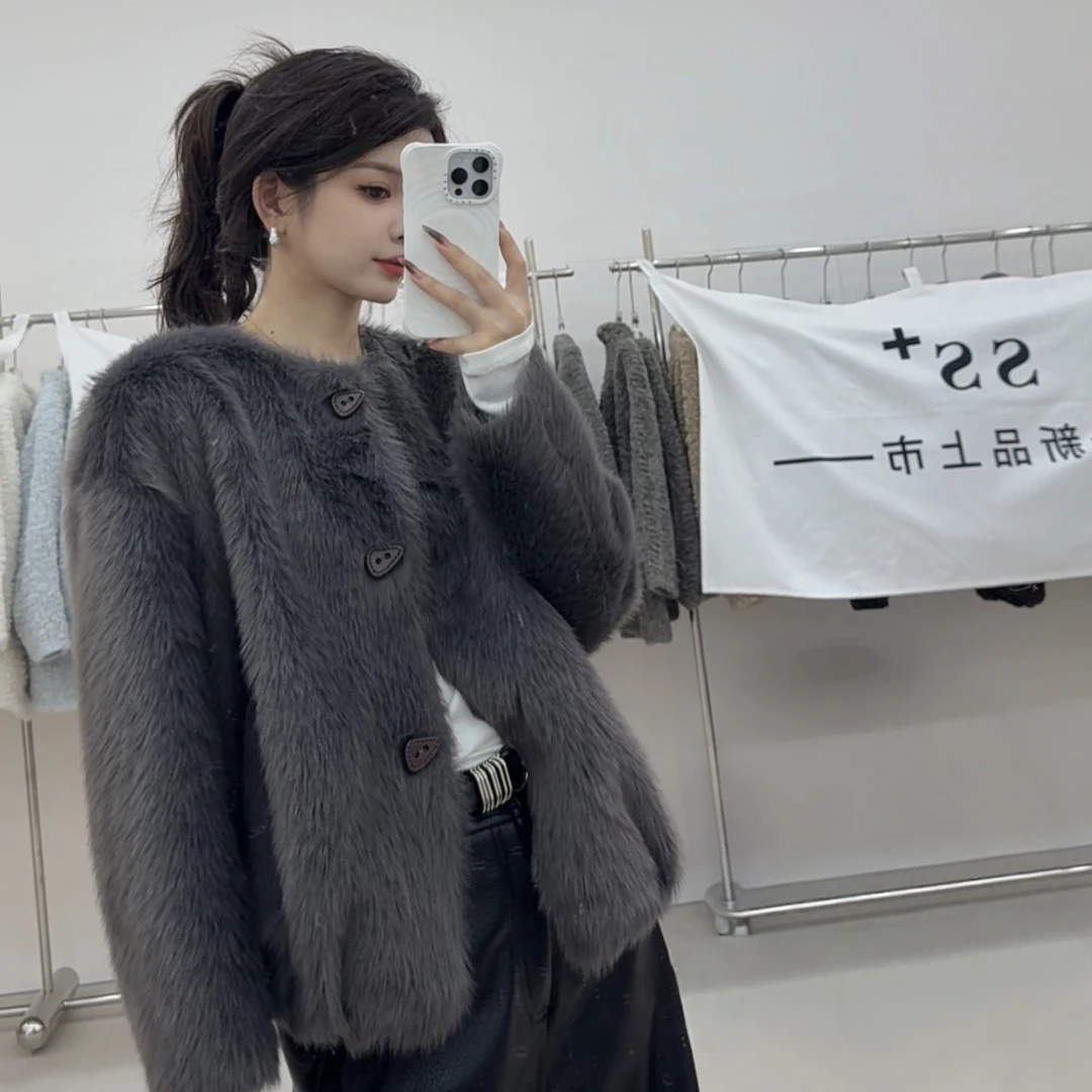 小野私服~托斯卡纳圆领皮毛一体环保毛外套 6211-6