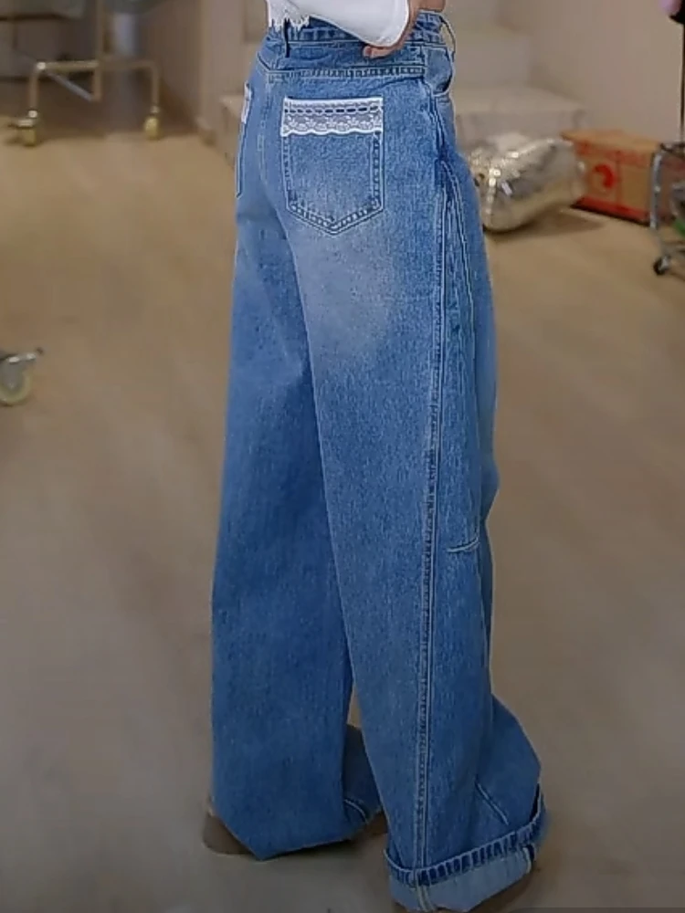 【济州岛】后口袋蕾丝拼接 设计感牛仔裤阔腿裤