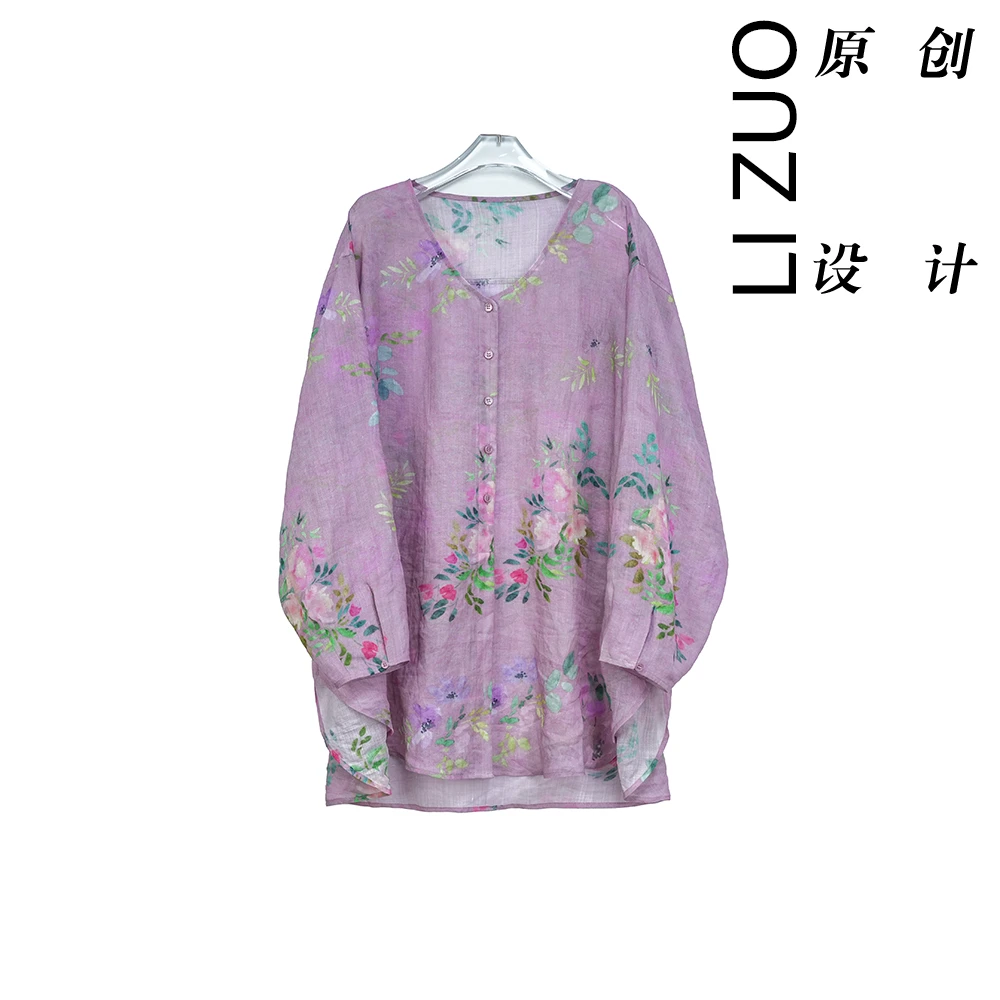 大码胖mm国风新中式42支苎麻印花休闲百搭桃心领长袖上衣9129