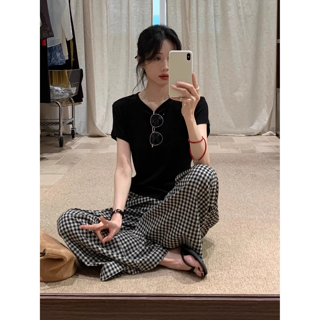 【后背露腰短袖T恤】女2025夏新款小众收腰修身上衣